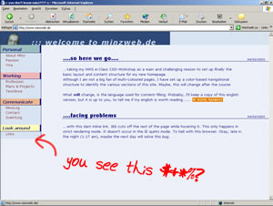 Bild, welches ein seltsames Verhalten des Internet Explorer zeigt, während man mit der Maus über einen CSS-Link fährt